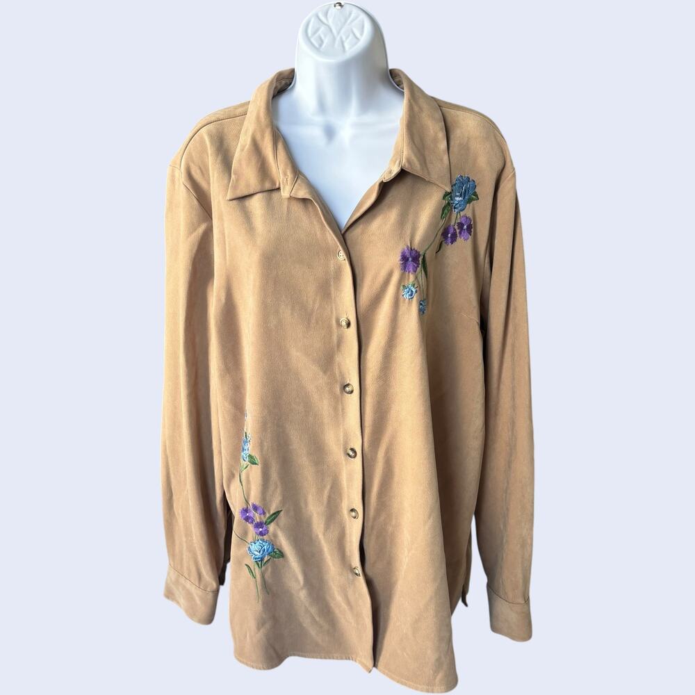 cascade blue L Faux Suede Floral Embroidered Shirt Tan